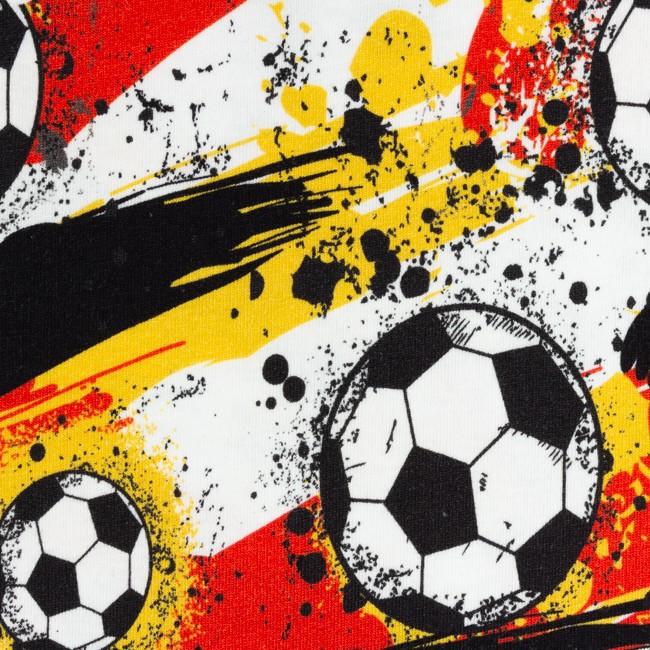 Jersey - Baumwolljersey Stoff - Motivjersey - Fußball - Fußbälle auf Schwarz-Rot-Gelb