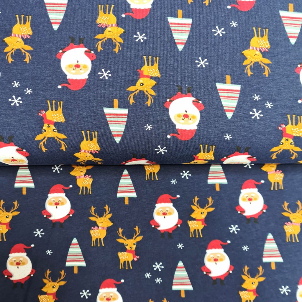 Baumwolljersey - Jersey Stoff - Motivjersey - Weihnachten - Weihnachtsmann und Rentiere auf Marine