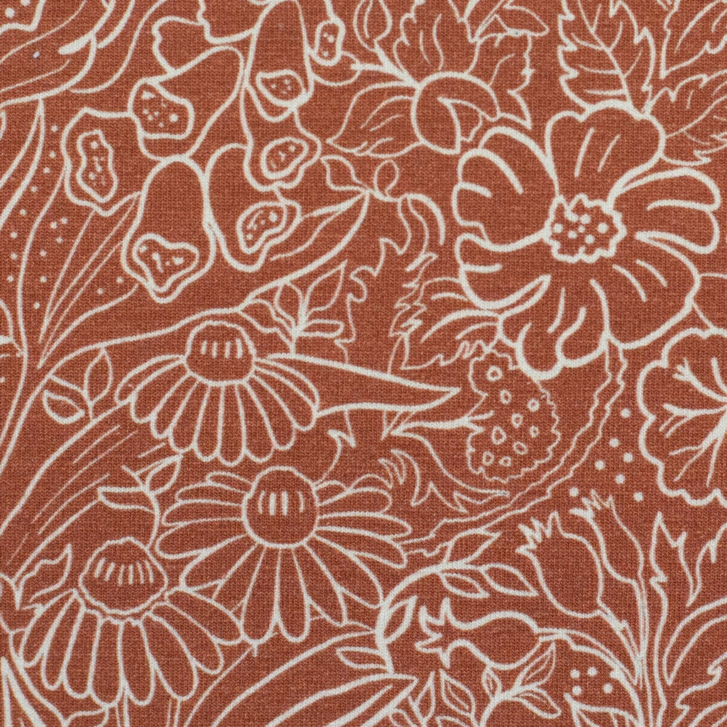 Hochwertiger Swafing Baumwolljersey Autumn Damask von Bienvenido Colorido mit feinem floralen Linienmuster in Cremeweiß auf rostrot-braunem Grund