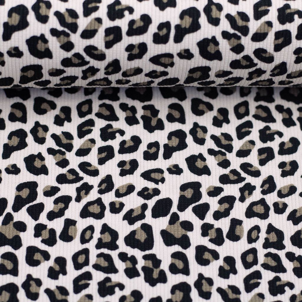 Elastischer Rippjersey Stoff Leonore von Swafing mit klassischem Leoprint in Schwarz-Khaki auf hellem Grund, 230g/m² aus Baumwolle mit Elasthan für Kleider, Shirts und Kinderbekleidung