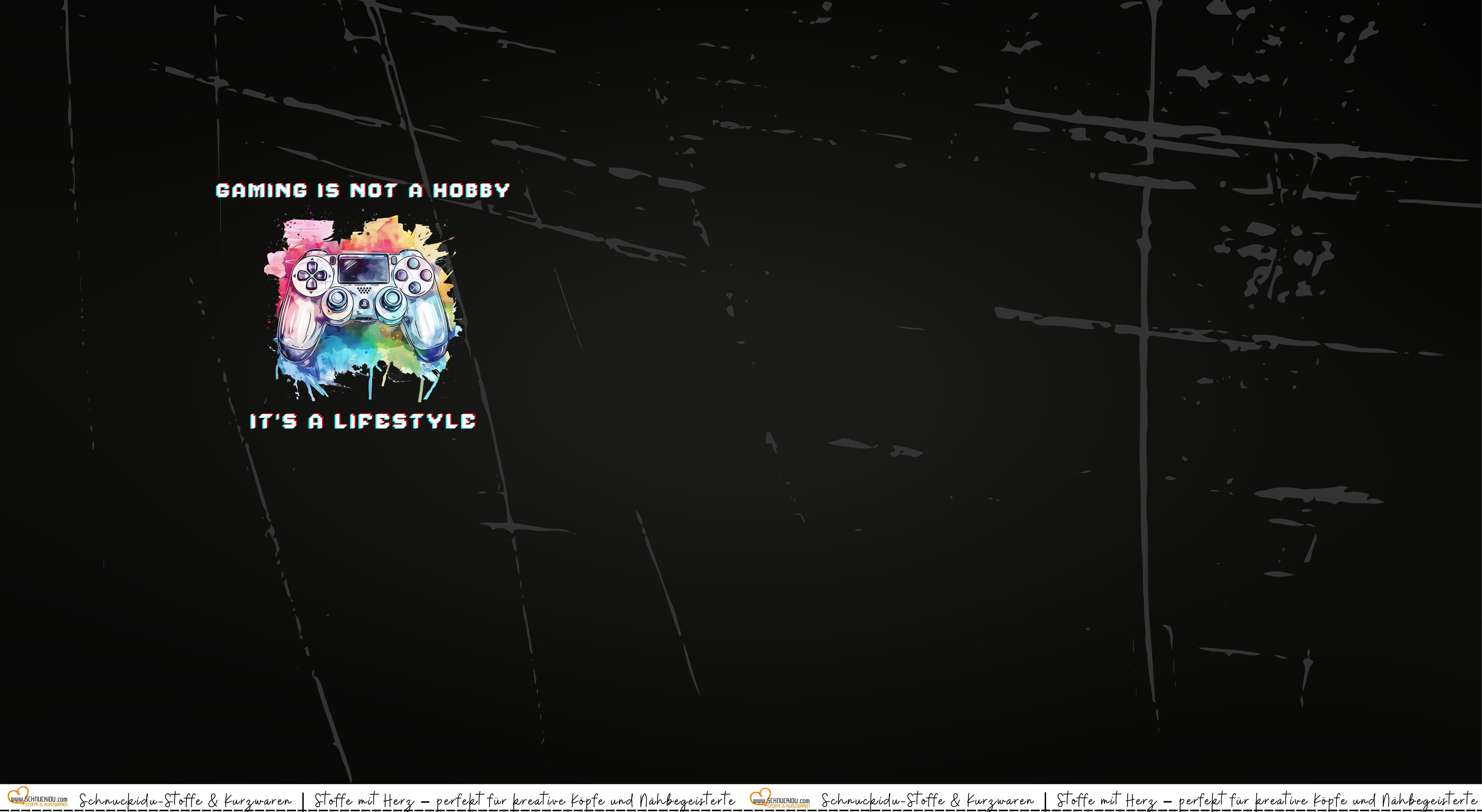 Panel Eigendesign Jersey "Gaming is not a hobby - it's a lifestyle" mit buntem Controller-Motiv auf schwarzem Grund – ca. 82x155cm, 92% Baumwolle, 8% Elasthan, Öko-Tex Standard 100