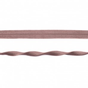 Elastisches Schrägband in glänzendem Taupe, 15mm Breite, hochwertige Meterware aus Polyamid-Mix für Lingerie, Loungewear und elastische Kantenabschlüsse.