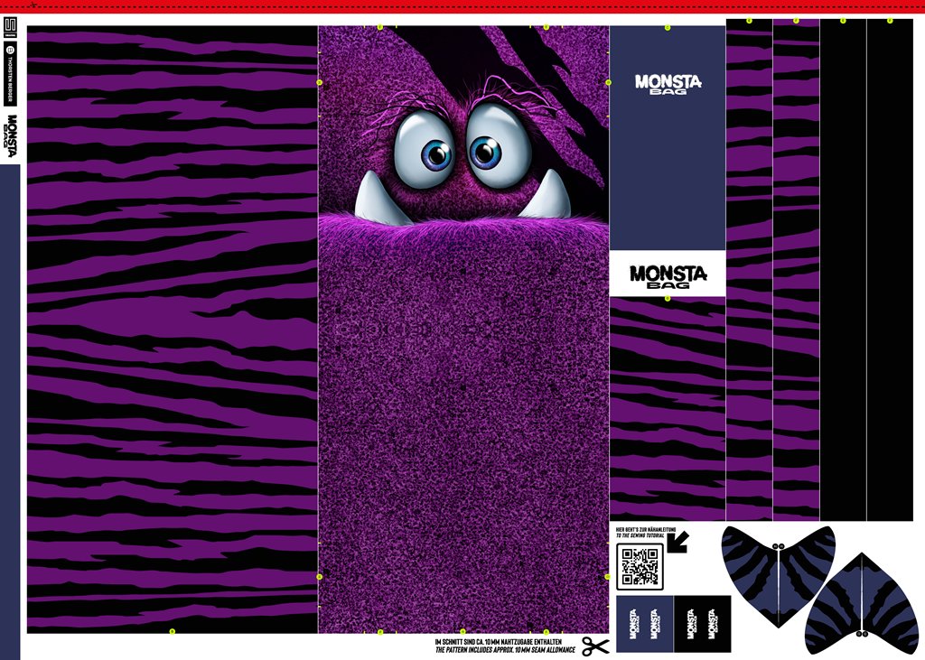 Swafing Samt Taschen-Panel Monsta Bags by Thorsten Berger, cooles Monster-Design in Lila/Violett, 100% Polyester, hochwertiger Taschenstoff, Vorbestellung