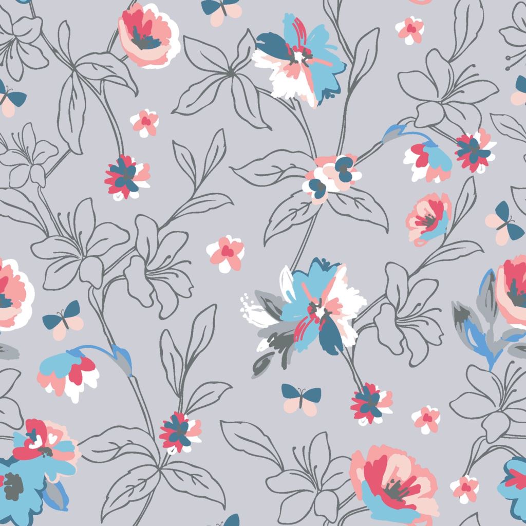 Baumwolljersey - Jersey Stoff - Motivjersey - Blumen und kleine Schmetterlinge auf Hellgrau
