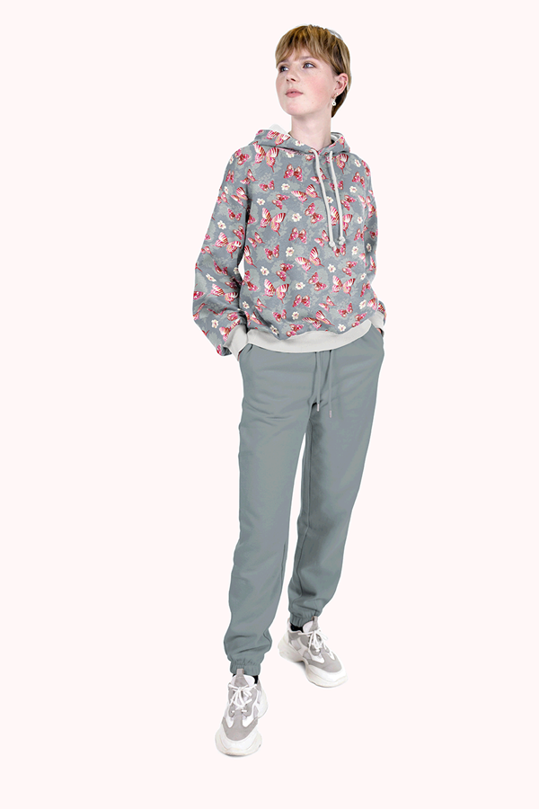 French Terry - Sommersweat - Digitaldruck - Schmetterlinge in Pink auf Grau