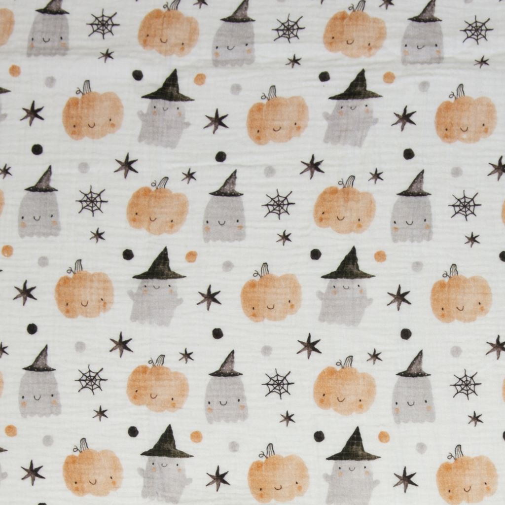 Musselin Stoff Halloween Motive Kürbis Geister Fledermäuse Double Gauze Baumwolle