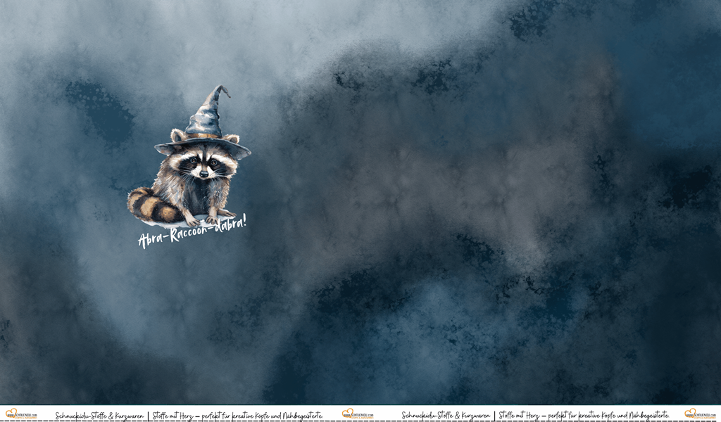 French Terry Panel "Abra-Raccoon-Dabra" mit magischem Waschbär-Zauberer auf dunklem Melange-Hintergrund – ca. 80x145cm, 95% Baumwolle, 5% Elasthan, Öko-Tex Standard 100