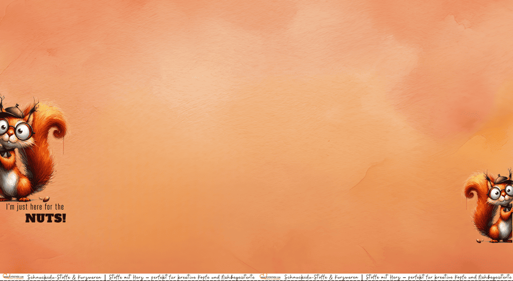 Panel Eigendesign Jersey mit niedlichem Eichhörnchen-Motiv "I'm just here for the NUTS!" auf warmem, orange-geflammtem Hintergrund – ca. 80x155cm, 92% Baumwolle, 8% Elasthan, Öko-Tex Standard 100