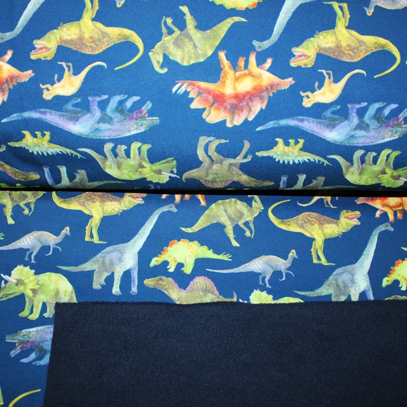 Softshell - Motiv Softshell mit Fleece Abseite - Dinosaurier auf Marine Reststück 110cm x 145cm 