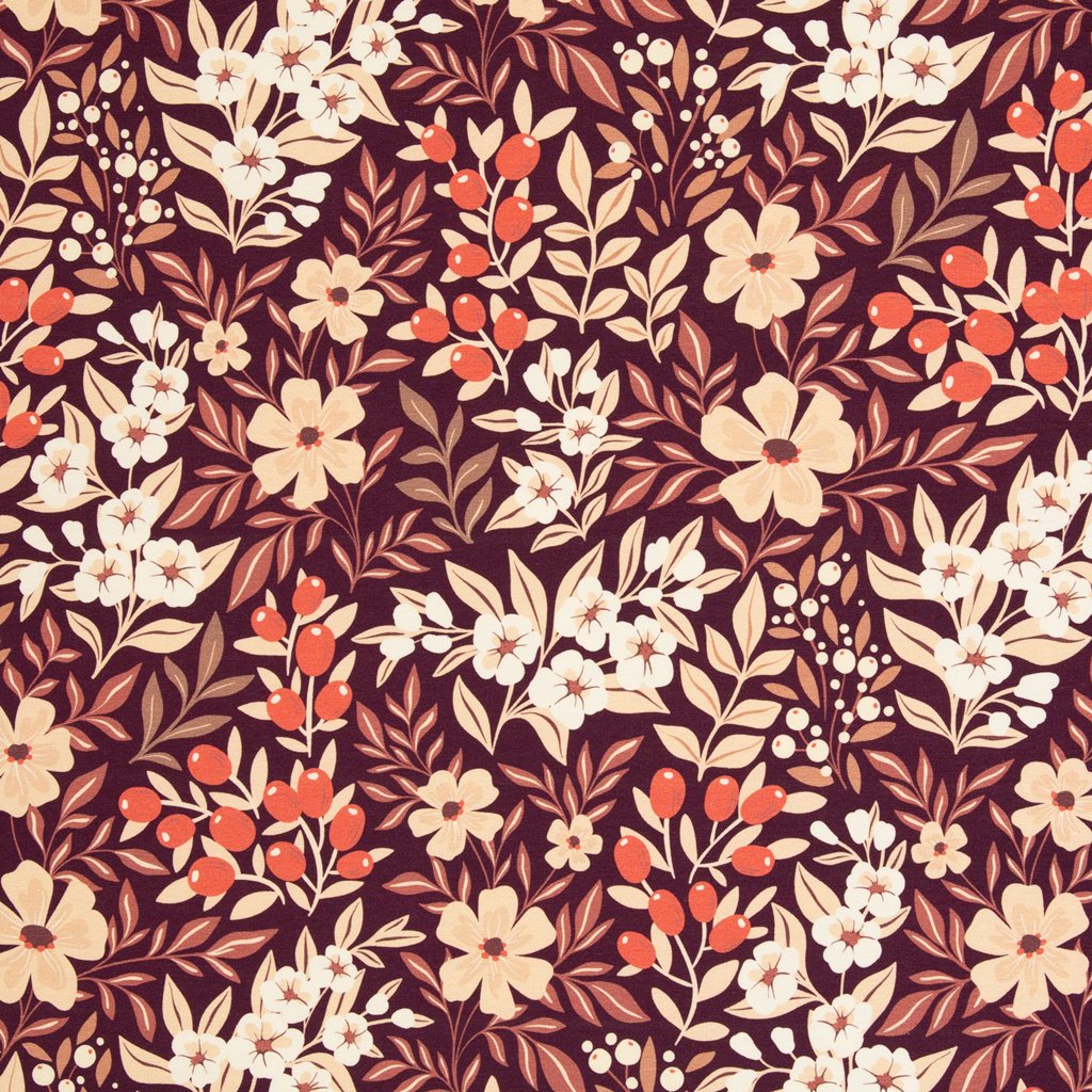 Modal French Terry Swafing Frida – Florales Design auf beerenfarbenem Grund, hochwertiger Sommersweat mit Modal für fließenden Fall und weichen Griff.