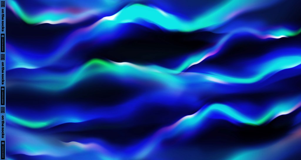 Hochwertiger Sweatstoff von Thorsten Berger aus der "On the Rocks" Kollektion, Allover-Print mit leuchtenden Polarlichtern (Aurora Borealis) in Blau, Türkis und Grün auf dunklem Grund, Baumwoll-Sweat 85cm x 150cm