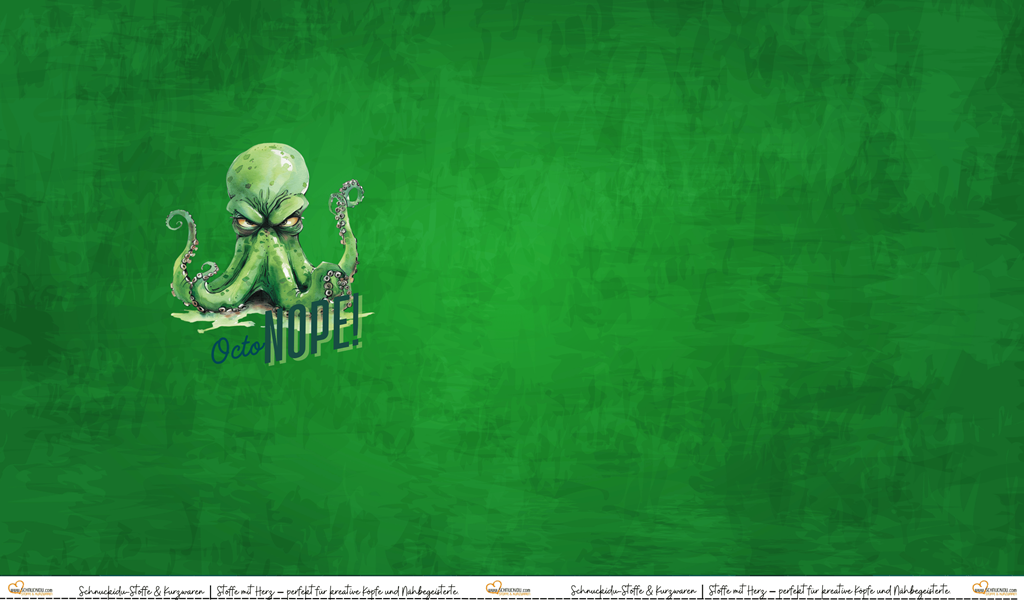 Schnuckidu Eigendesign French Terry Panel OctoNOPE mit grimmigem Oktopus und Schriftzug Octo NOPE auf grünem Textur-Hintergrund.
