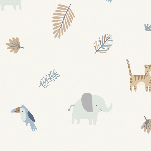Baumwolljersey - Motivjersey - Elefant, Tiger und Blätter auf Offwhite