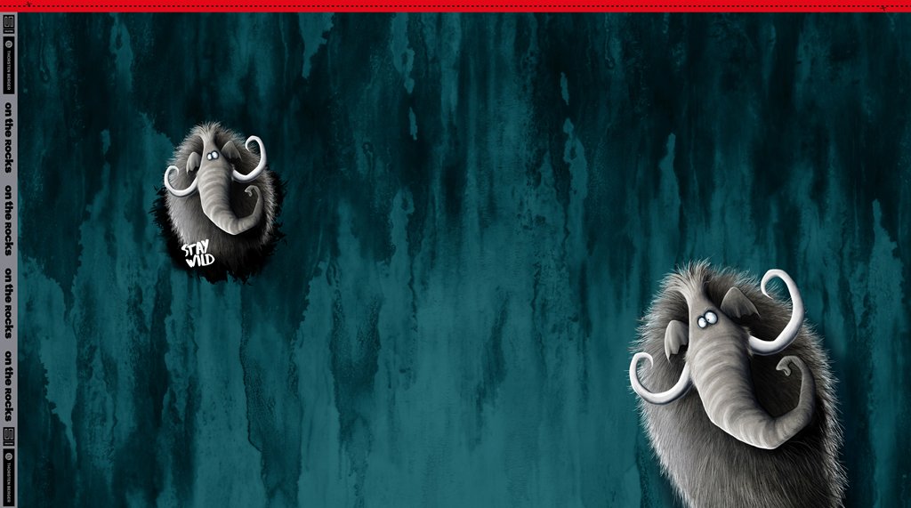 Hochwertiges Sweat-Panel von Thorsten Berger aus der "On the Rocks" Kollektion, Motiv zotteliges Mammut mit großen Stoßzähnen und "Stay Wild" Schriftzug auf petrolfarbenem Grund in Aquarell-Optik, Baumwoll-Sweat 85cm x 150cm