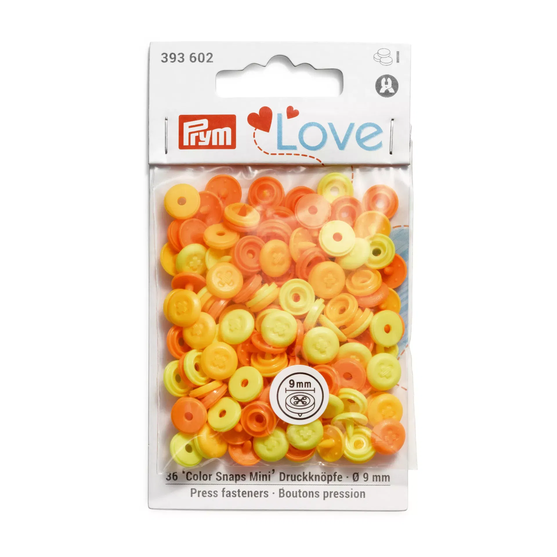 Prym Love Color Snaps Mini (393602) – Druckknöpfe in Gelb mit dekorativer Annähoptik. 36 Stück, 9 mm Durchmesser. Schadstofffreie Kunststoff-Druckknöpfe für Babykleidung.