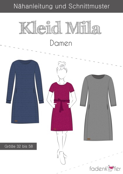 Papierschnittmuster Kleid „Mila“ von Fadenkäfer für Damen. Elegantes Etuikleid-Schnittmuster inklusive bebilderter Anleitung und Schnittbogen für die Größen 32 bis 58.
