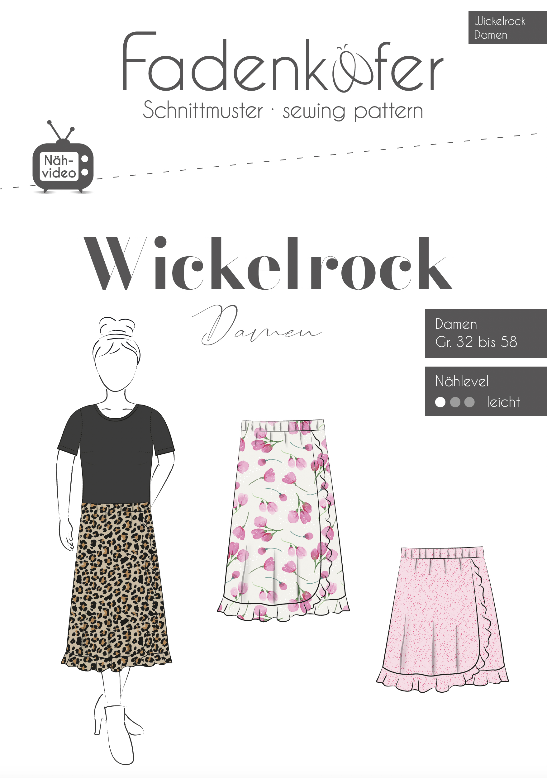 Fadenkäfer Papierschnittmuster für einen Damen-Wickelrock mit Volant in den Größen 32-58, verpackt als DIN-A4 Bogen im Druckverschlussbeutel.