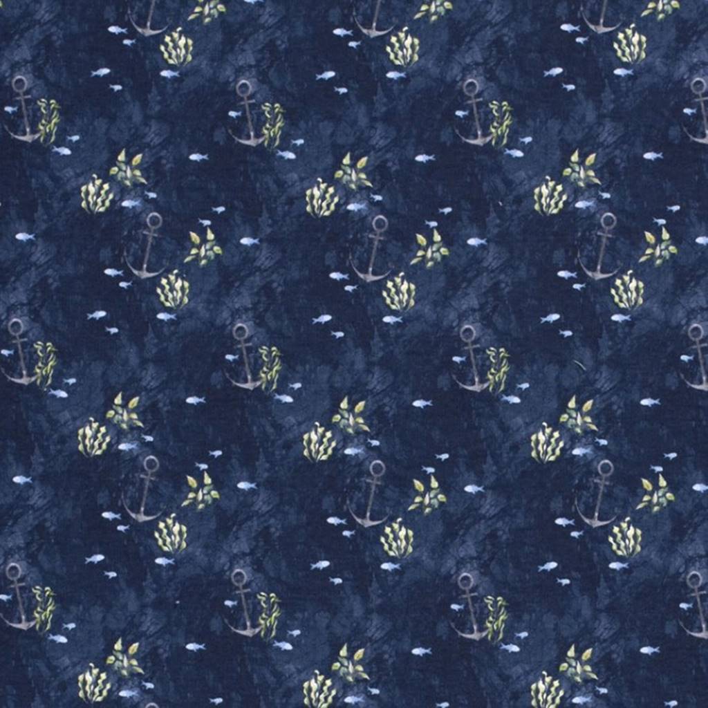 French Terry - Sommersweat Stoff - Digitaldruck - Anker und kleine Fische auf Navy