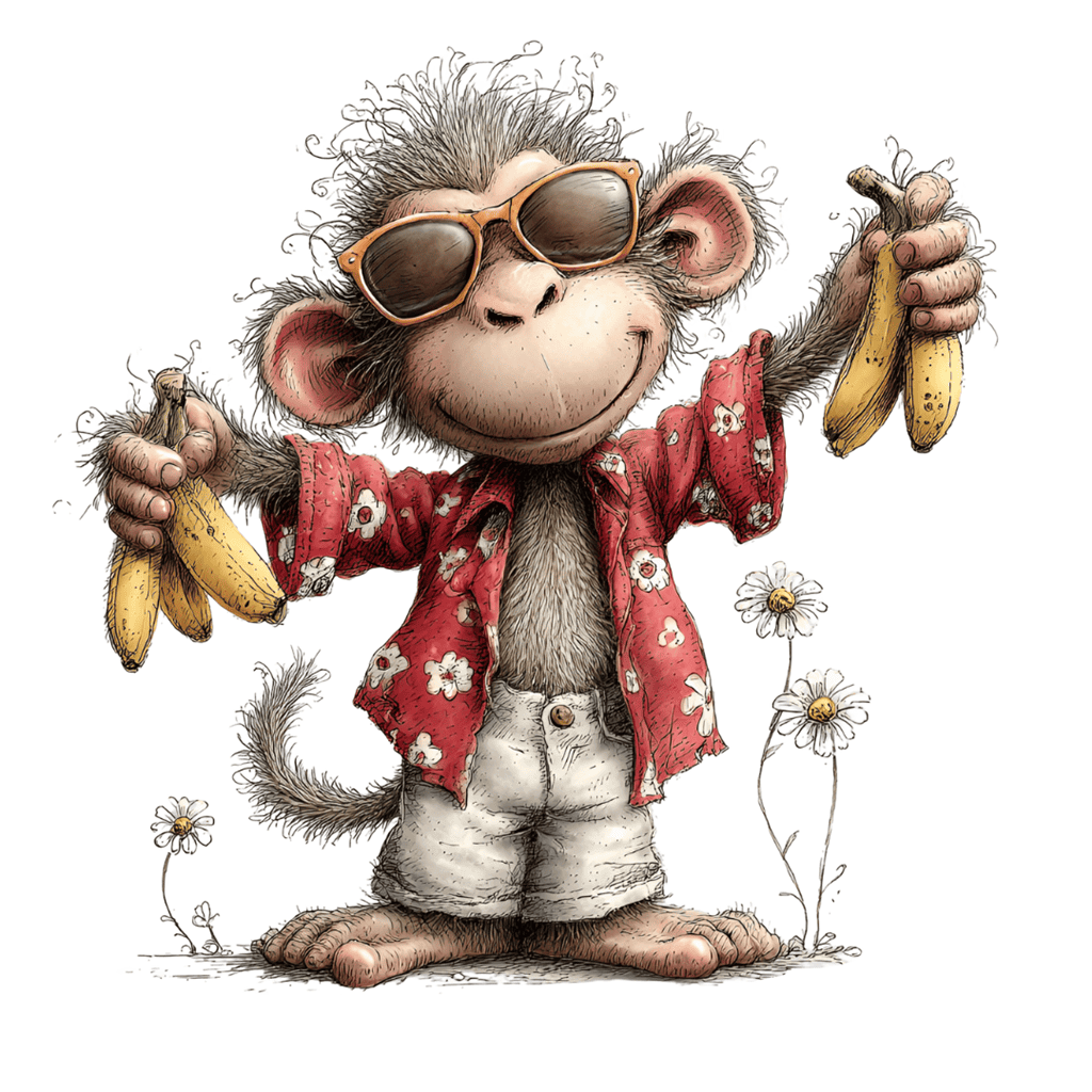 Cooles Bügelbild im Retro-Stil mit einem Affen, der eine Banane schält, und dem Schriftzug „Just Peel it“.