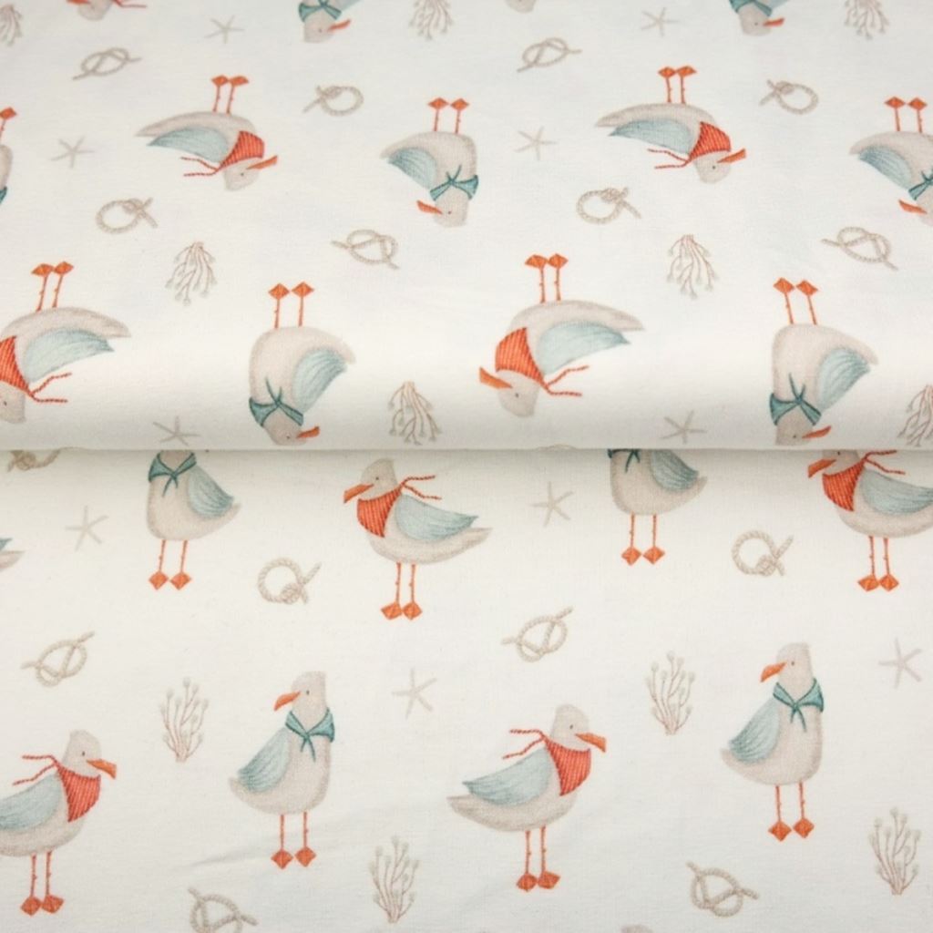 Maritimer Motivjersey mit Möwen, hochwertiger Digitaldruck von Stenzo, 95% Baumwolle, 5% Elasthan, weich & elastisch für sommerliche Kleidung und Urlaubs-Outfits