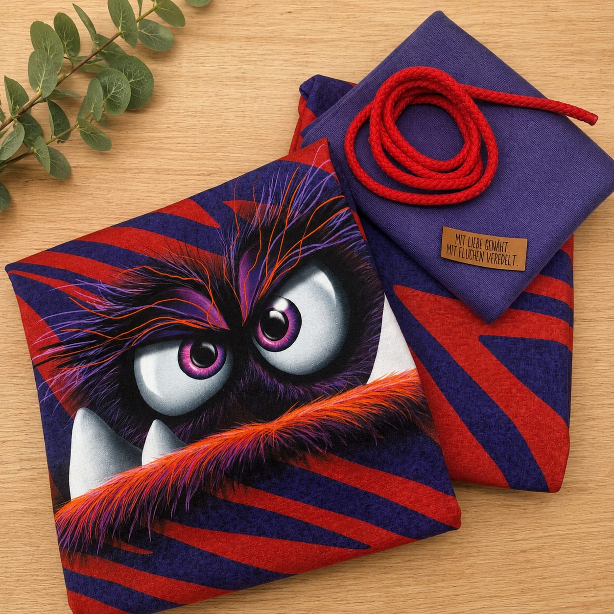 Limitierte Näh-Box Stoffpaket Monsta Rot von Thorsten Berger mit French Terry Panel, Kombistoff, violettem Bündchen, roter Kordel und Kunstlederlabel