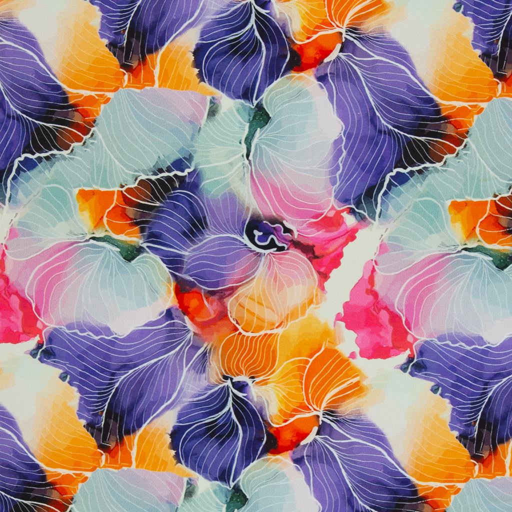 Swafing Viskosejersey Sizilien mit künstlerischem Aquarell-Blumenmuster in Lila, Pink, Orange, Türkis und Weiß.