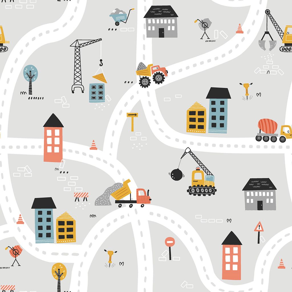 Hochwertige Baumwoll-Webware mit Baustellen-Motiv auf Grau, 100% Baumwolle, glatt & formstabil, ideal für kleine Bagger-Fans, Schultüten, Bettwäsche und Kinderzimmer-Deko