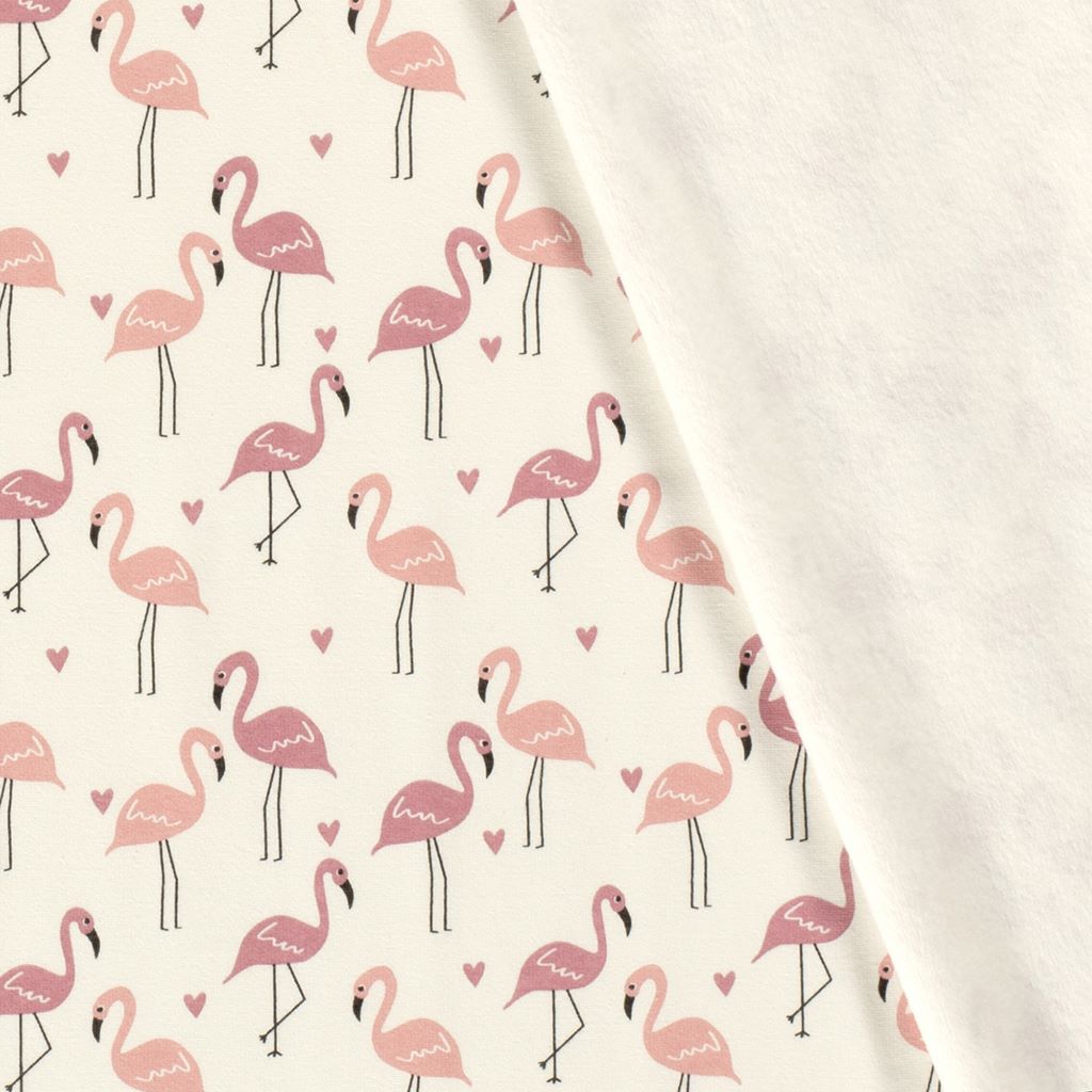 Alpenfleece - Sweat Stoff mit Plüschfell-Abseite - Flamingos auf Ecru