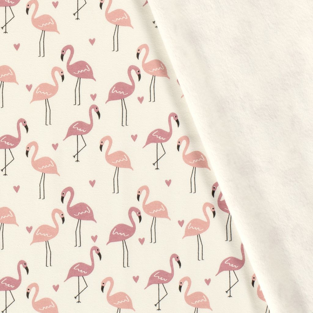 Alpenfleece - Sweat Stoff mit Plüschfell-Abseite - Flamingos auf Ecru Stoffrest 185cm