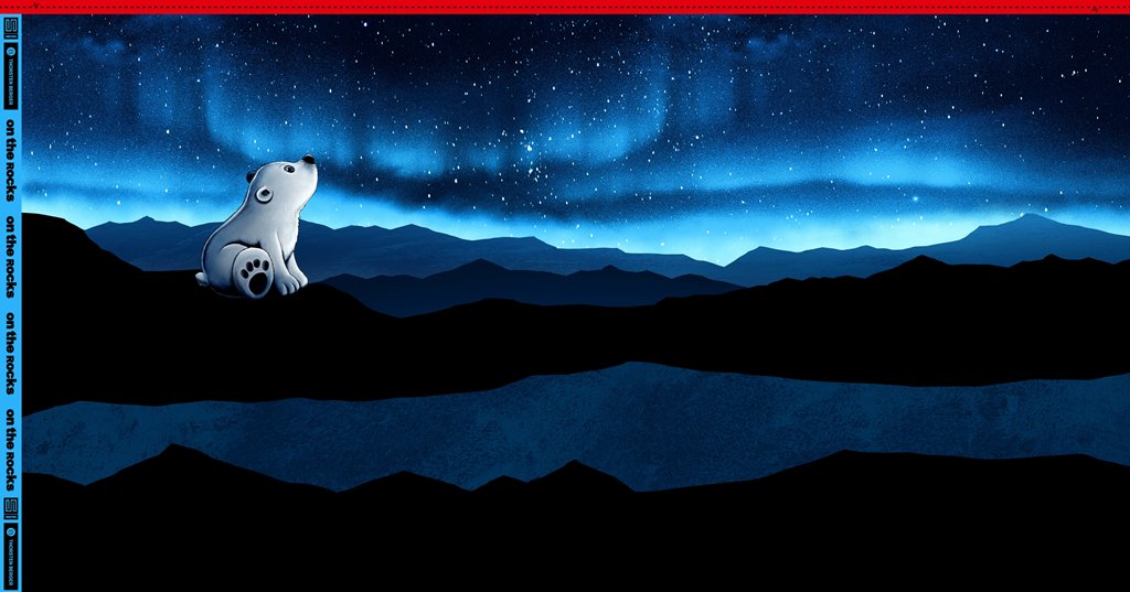 Hochwertiges Sweat-Panel von Thorsten Berger aus der "On the Rocks" Kollektion, Motiv kleiner Eisbär unter einem leuchtenden Sternenhimmel und Polarlichtern, dunkle Gebirgssilhouette, Baumwoll-Sweat 85cm x 150cm