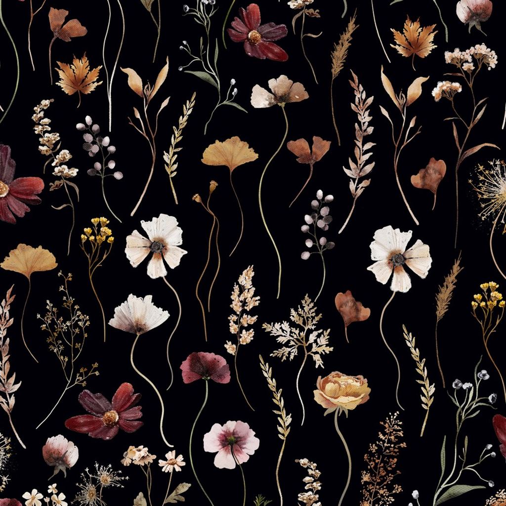 Canvas - Dekostoff - Leinenoptik - Digitaldruck - Zarte Blumen auf Schwarz