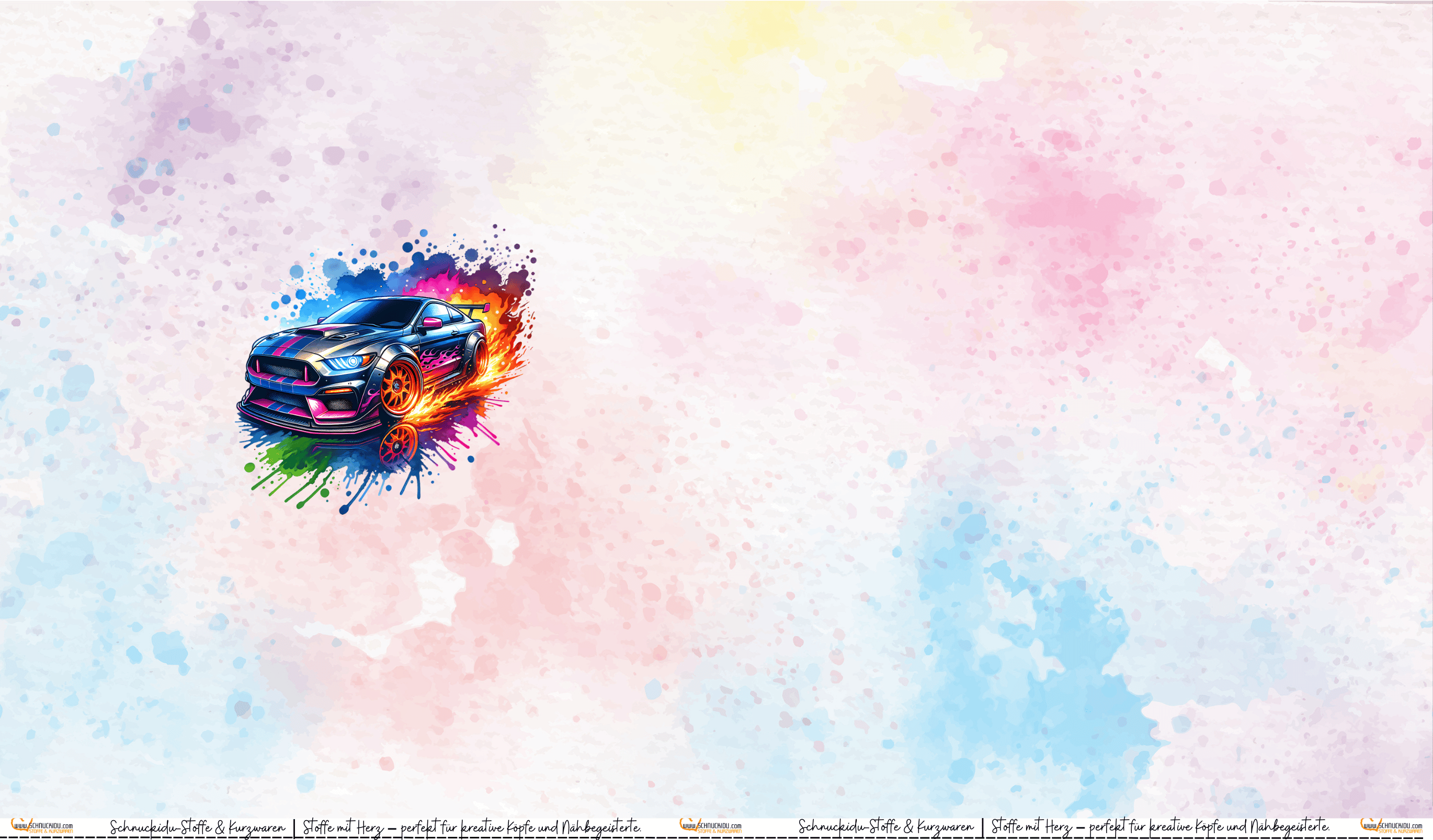 Schnuckidu Eigendesign French Terry Panel mit buntem Sportwagen und Farbklecksen auf hellem Aquarell-Hintergrund.