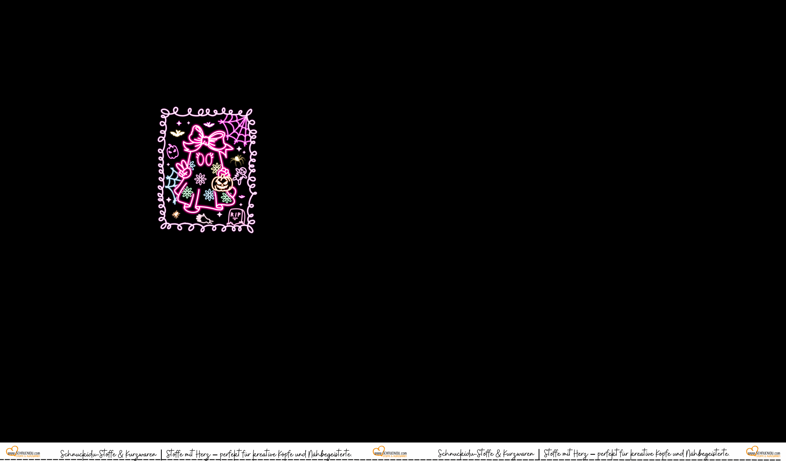 Schnuckidu Eigendesign French Terry Panel Neon Ghost Pink mit leuchtendem Neon-Geist, Kürbis, Schleife und Spinnweben-Rahmen auf schwarzem Hintergrund.