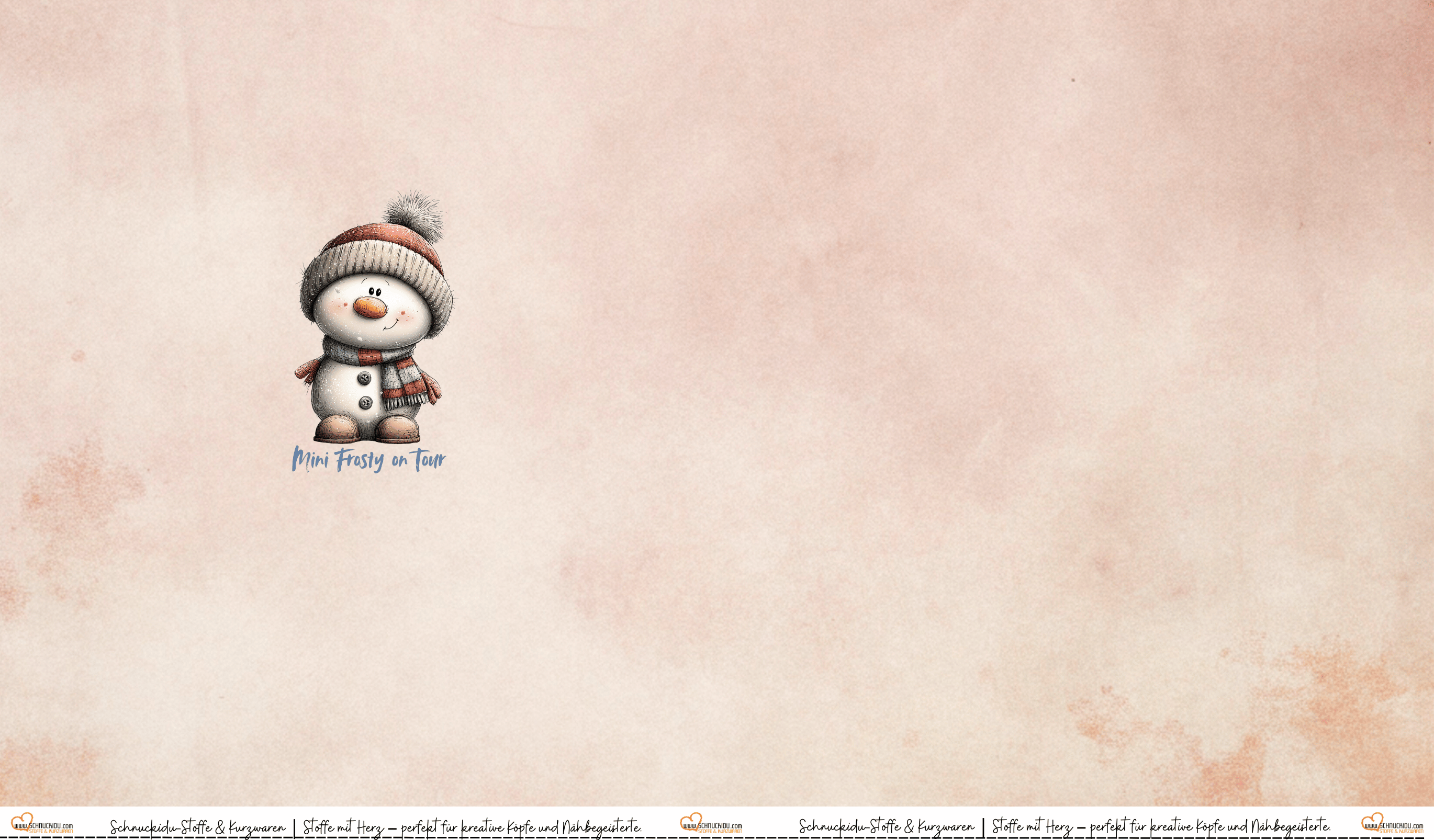 Schnuckidu Eigendesign French Terry Panel Mini Frosty mit niedlichem Schneemann in Mütze und Schal und Schriftzug Mini Frosty on Tour auf pudrigem Vintage-Hintergrund.