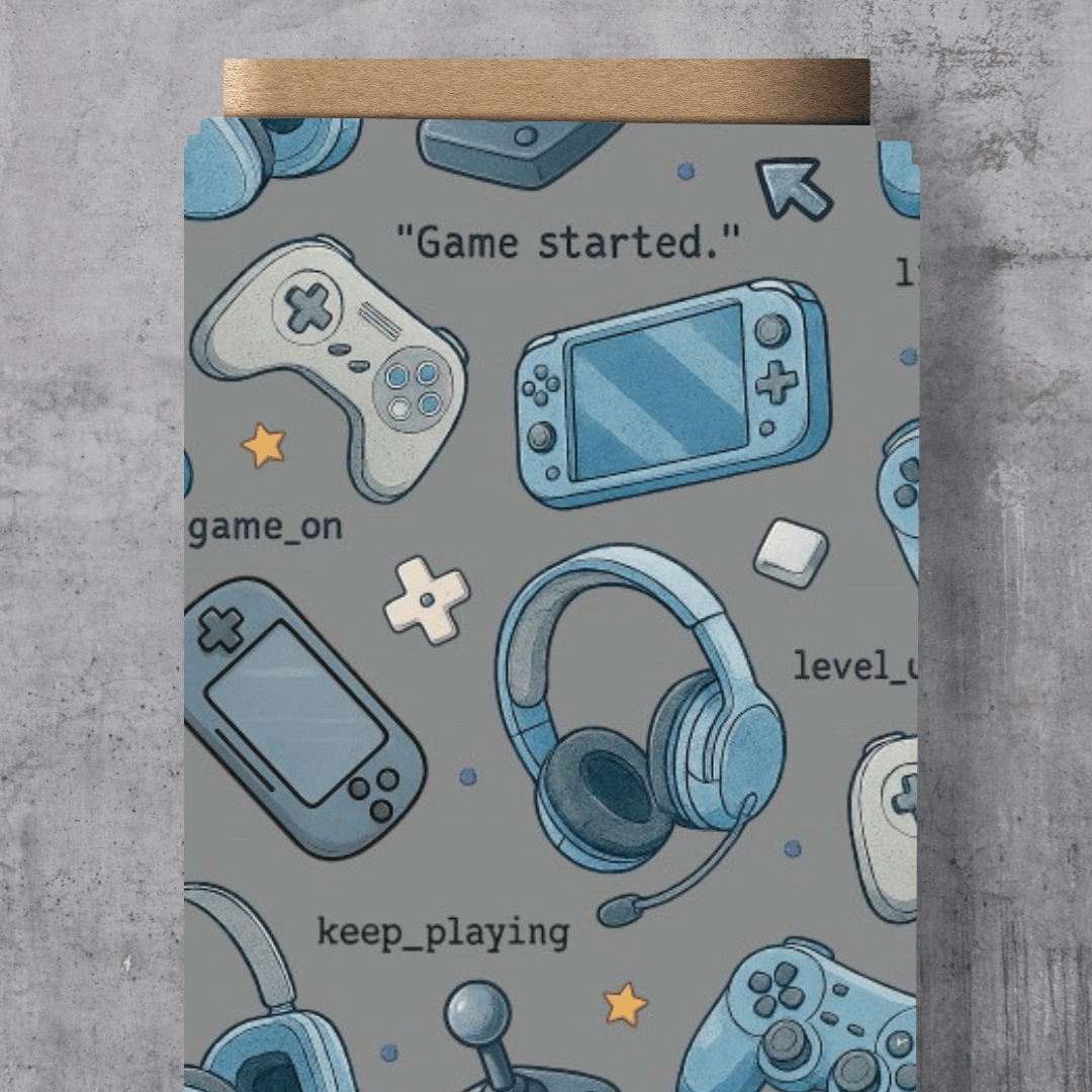 Coole Meterware für Gamer mit dem Schnuckidu-Eigendesign „Level Up“ – cooler, moderner Allover-Print mit Gaming-Controllern und pixeligen Spiele-Elementen auf dunklem Hintergrund.